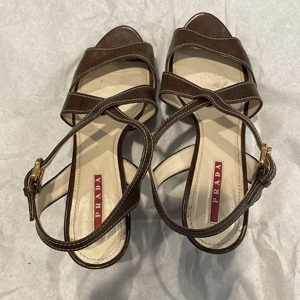Prada Brown Leather Criss-cross Sandals - Picture 10 of 15